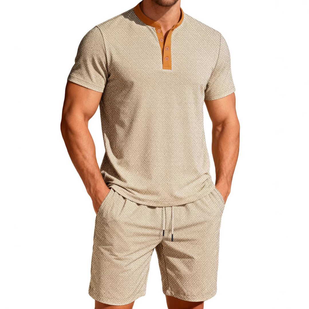 Herren nan maritimes Freizeit-Set mit feiner Wellenstruktur Stehkragenblende und Kordel-Shorts Echo Archiv