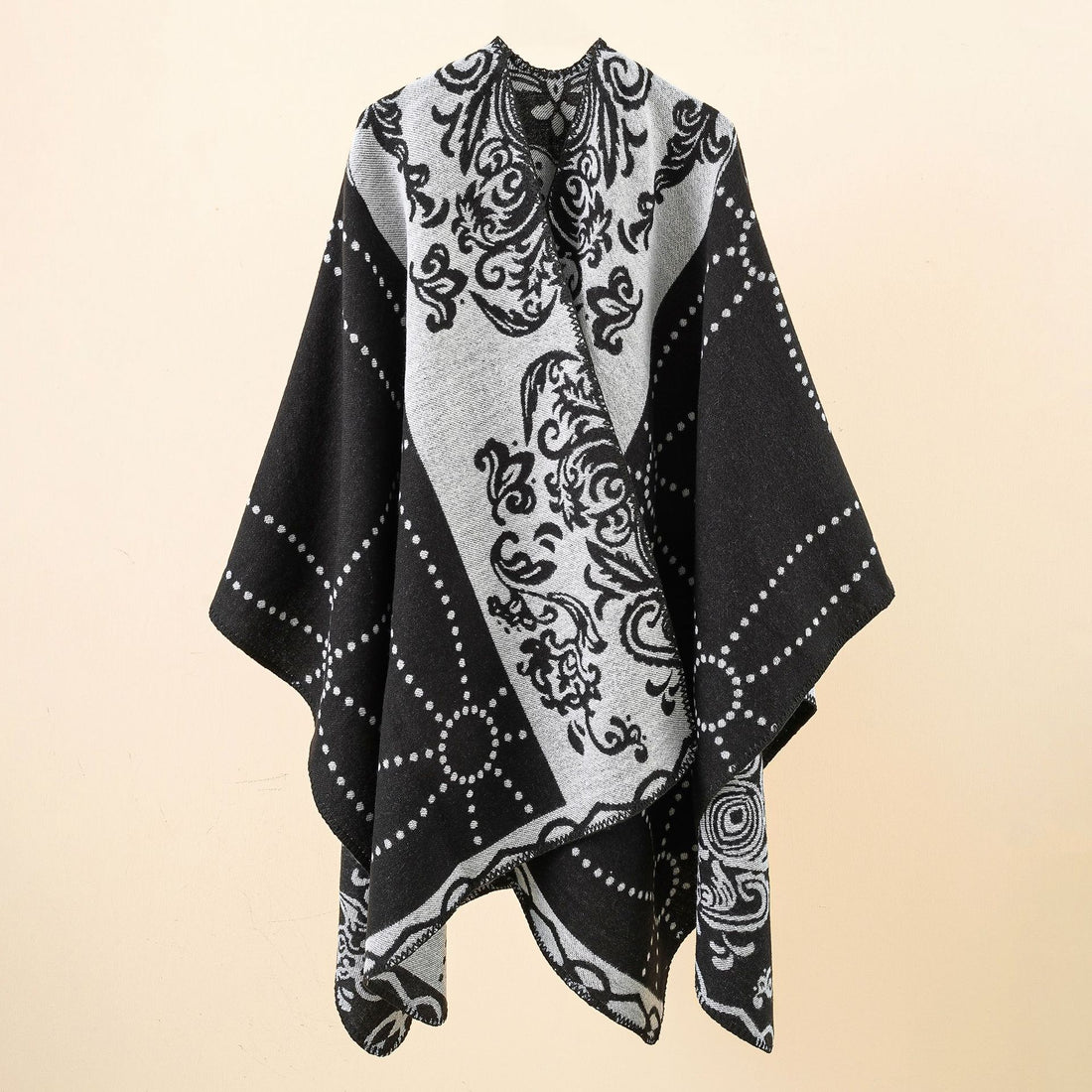 Damen Jacquard-Ruana im Umhangstil mit kontrastierender Kettelsaum – Veloura