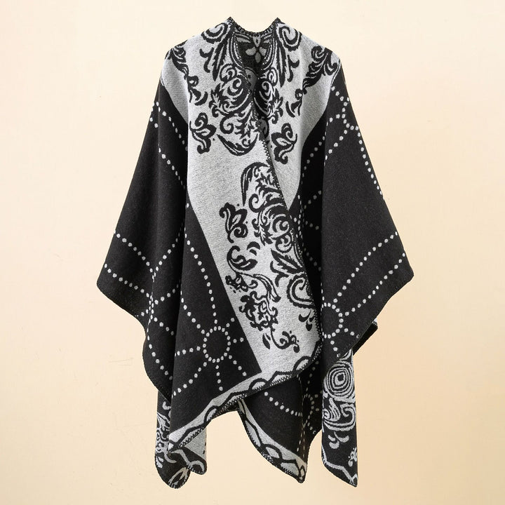 Damen Jacquard-Ruana im Umhangstil mit kontrastierender Kettelsaum Echo Archiv