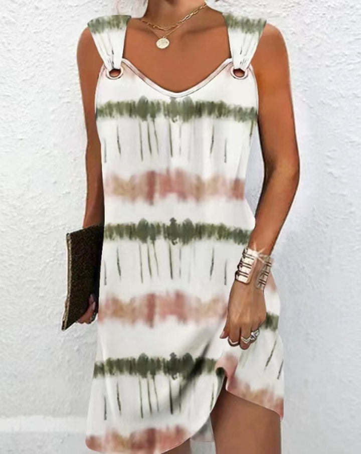 Damen nan ärmelloses V-Ausschnitt-Sommerkleid mit dekorativen Metallösen an breiten Trägern und lässiger A-Linien-Silhouette Echo Archiv