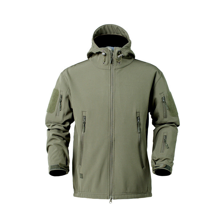 Herren taktische Softshelljacke mit zahlreichen Reißverschlusstaschen und verstellbarem Kapuzenkragen Echoarchiv