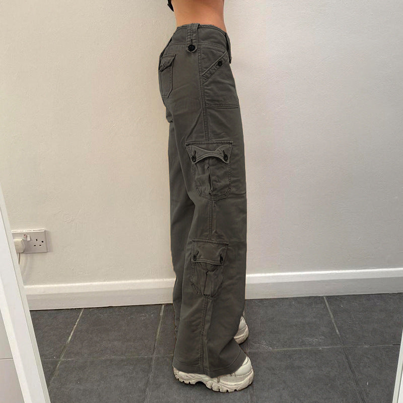 Damen nan hohe Taille Cargo-Hose mit geradem Bein, mehrfachen Klappentaschen und markanten Knopfdetails Echo Archiv