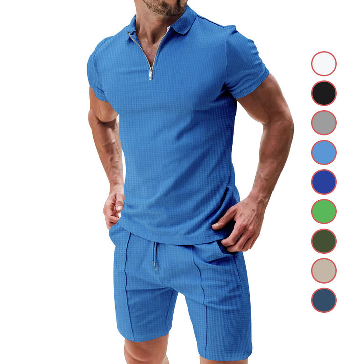 Herren nan sportives Poloshirt- und Chino-Shorts-Set mit halbem Reißverschluss, strukturiertem Jersey und dezenter Bügelfalte Echo Archiv