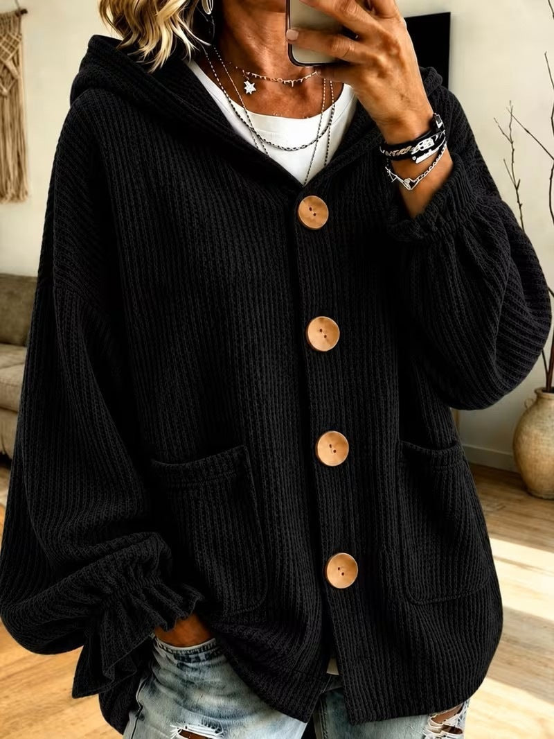 Damen Oversize Kapuzen-Strickjacke mit Waffelstruktur und Holzknöpfen Echo Archiv