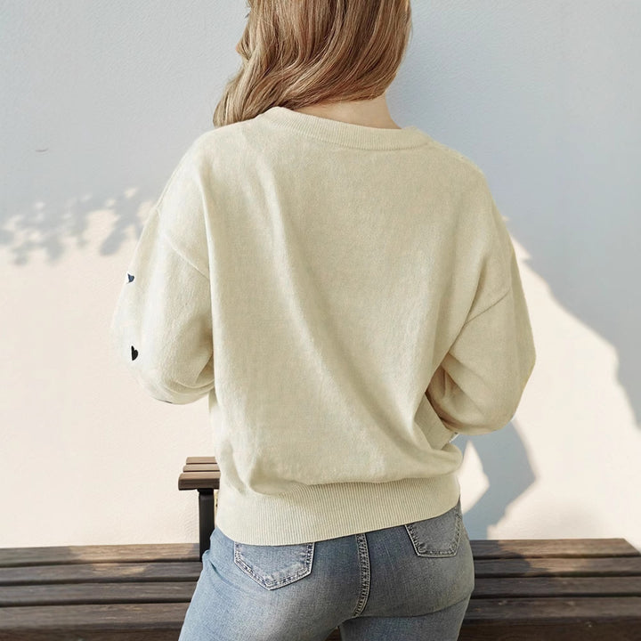Damen Lockerer Feinstrickpullover mit Herzchen-Allover, Rundhalsausschnitt und elastischem Saum Echoarchiv