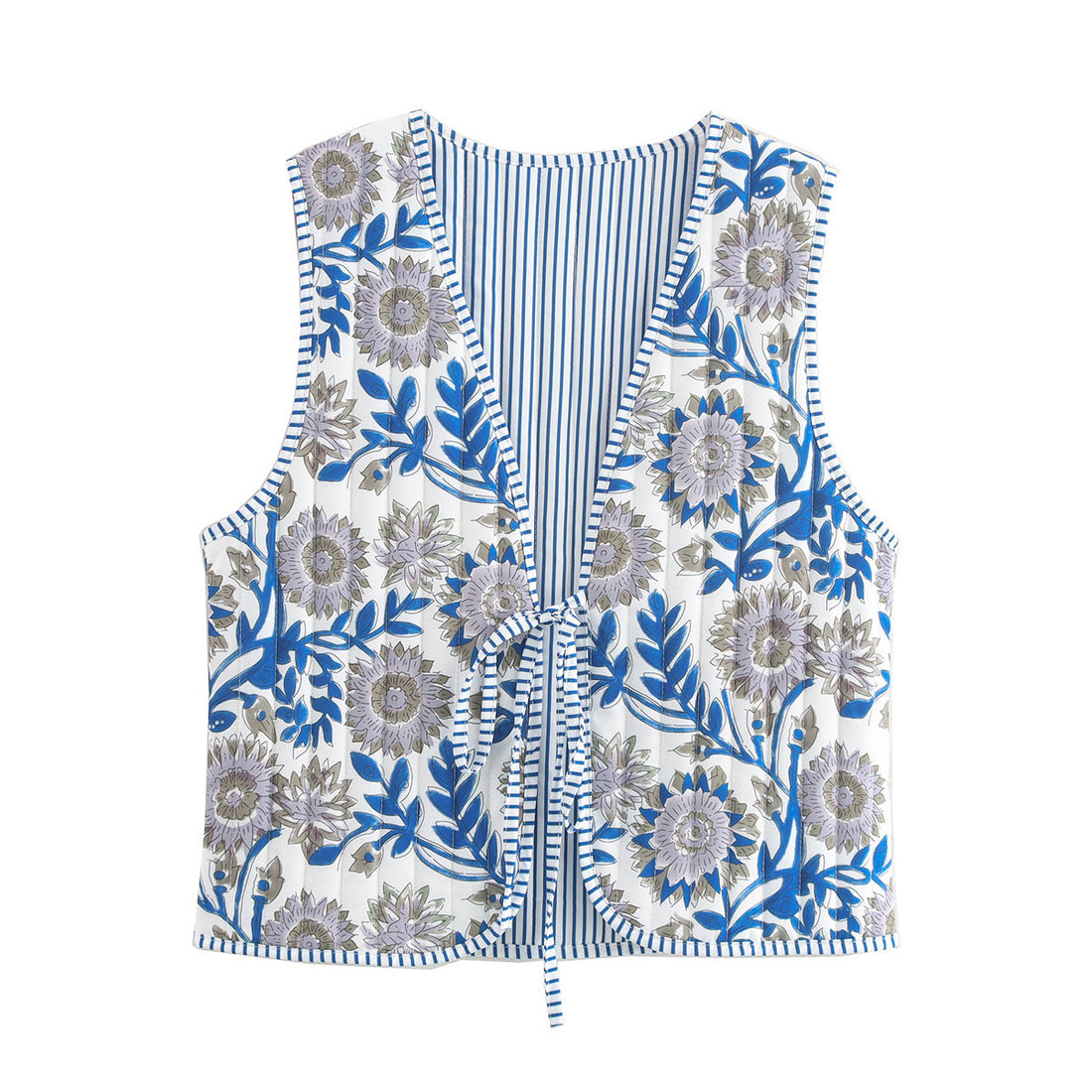 Damen Patchwork-Weste mit V-Ausschnitt, Bindeband und gestreiftem Innenfutter Echo Archiv