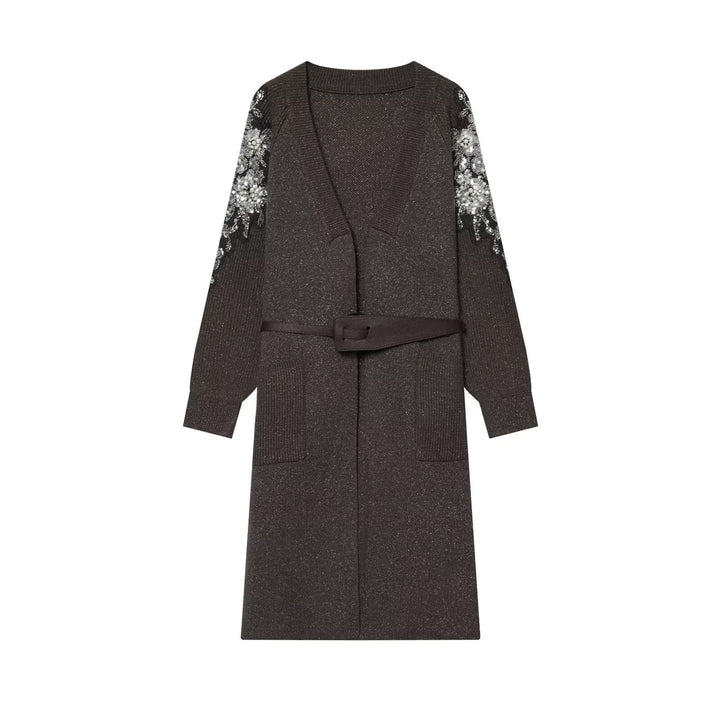 Damen Lange Strickmantel-Cardigan mit Taillengürtel und Paillettenbesatz Echo Archiv