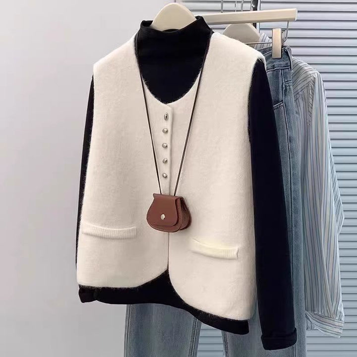 Damen Kurzgeschnittene Ärmellose Strickweste mit Perlenknopfleiste und aufgesetzten Taschen Echoarchiv