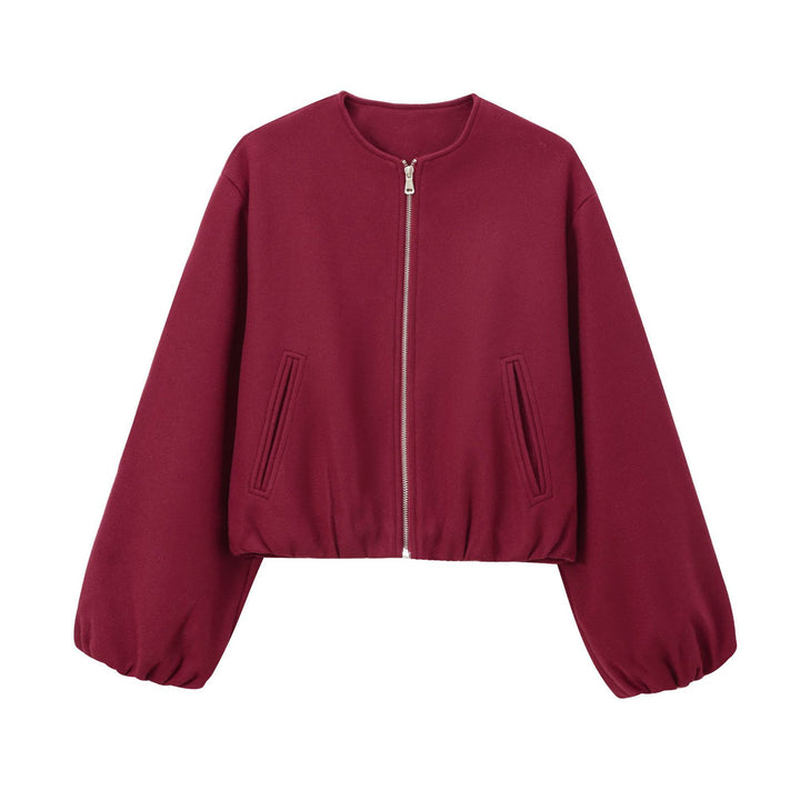 Damen Kurzer Wollmix-Bomber mit Rundhals, Reißverschluss und elastischem Saum Echo Archiv