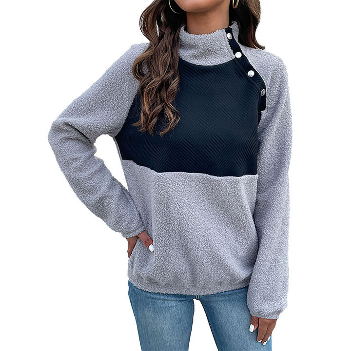 Damen Kuscheliger Teddy-Fleece-Pullover mit Stehkragen und Druckknopfleiste Echoarchiv