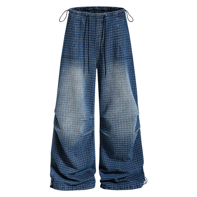 Damen Weite High‑Waist Culotte-Jeans mit Kordelzug, Karomuster und verstellbarem Saum Echoarchiv