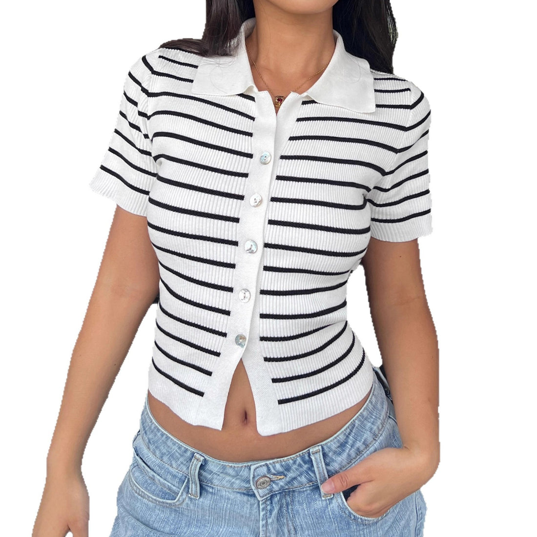 Damen Kurzarmshirt mit klassischem Polokragen und gestreiftem Design – Avérine