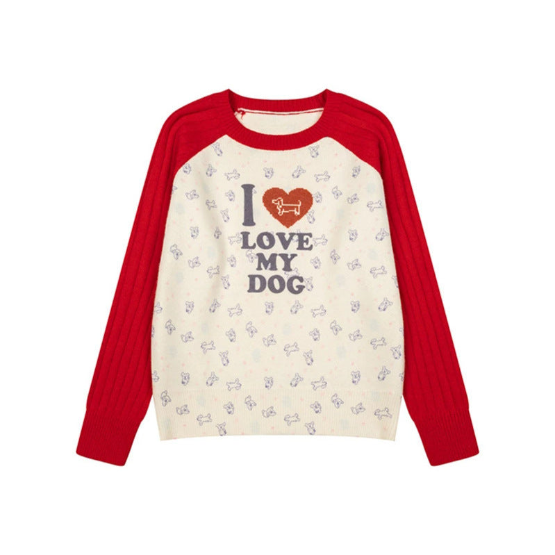 Damen Gestrickter Raglanpullover mit Herz‑Hundemotiv, Rippärmeln und Allover-Print Echoarchiv