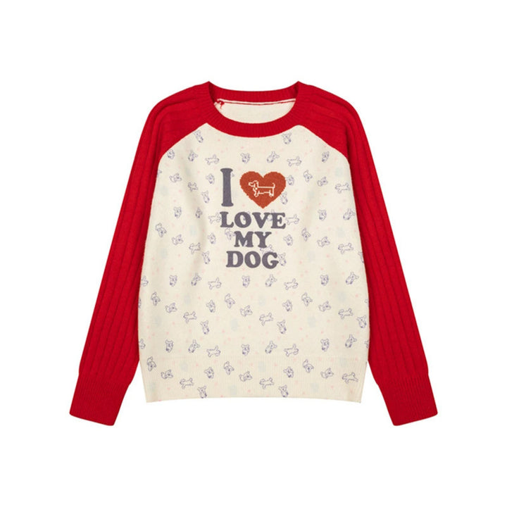 Damen Gestrickter Raglanpullover mit Herz‑Hundemotiv, Rippärmeln und Allover-Print Echoarchiv