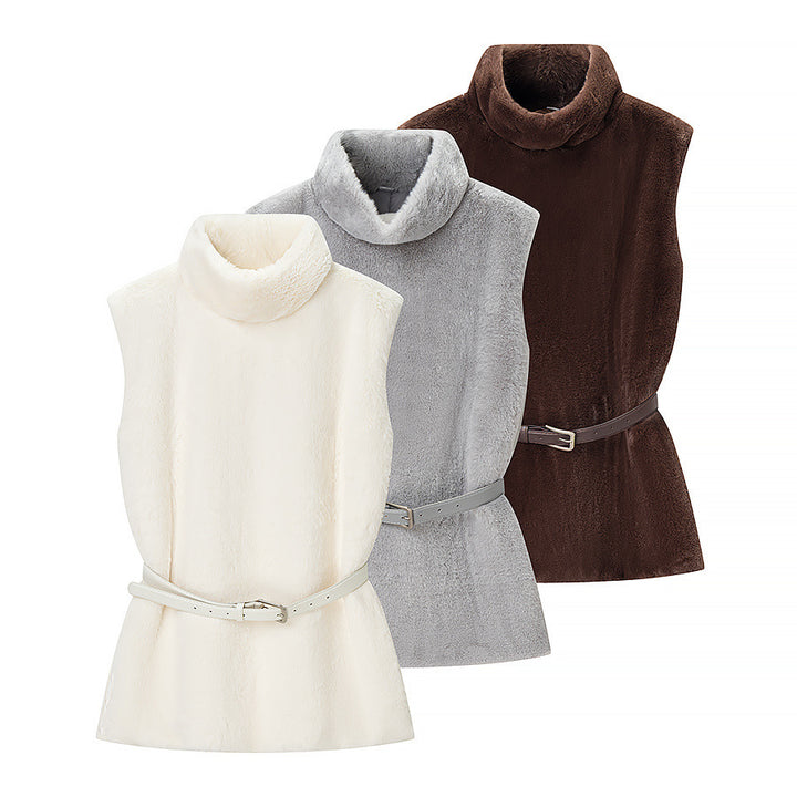 Damen Ärmellose Kunstfellweste mit Rollkragen und Taillengürtel Echoarchiv
