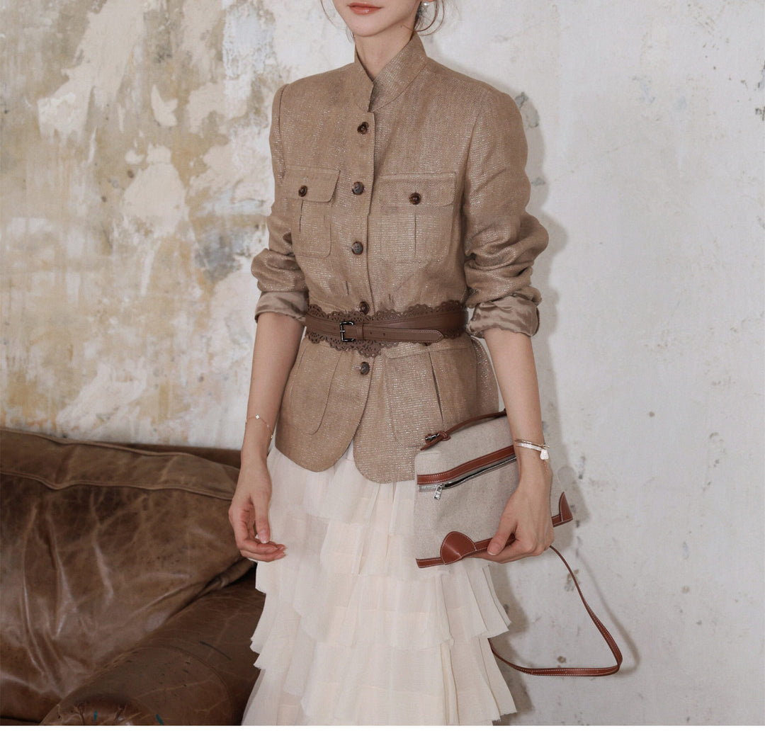 Damen Elegante Leinenjacke mit Taillengürtel Echoarchiv