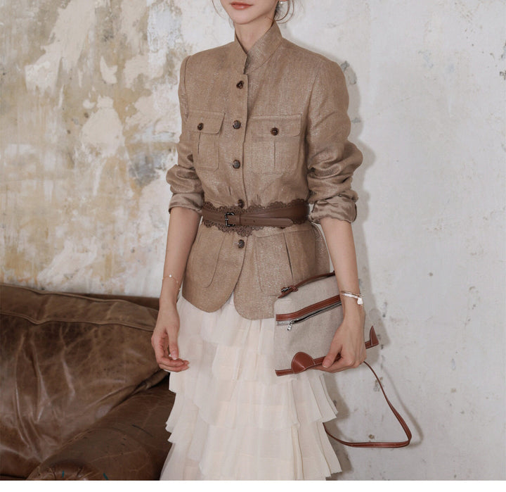 Damen Elegante Leinenjacke mit Taillengürtel Echoarchiv