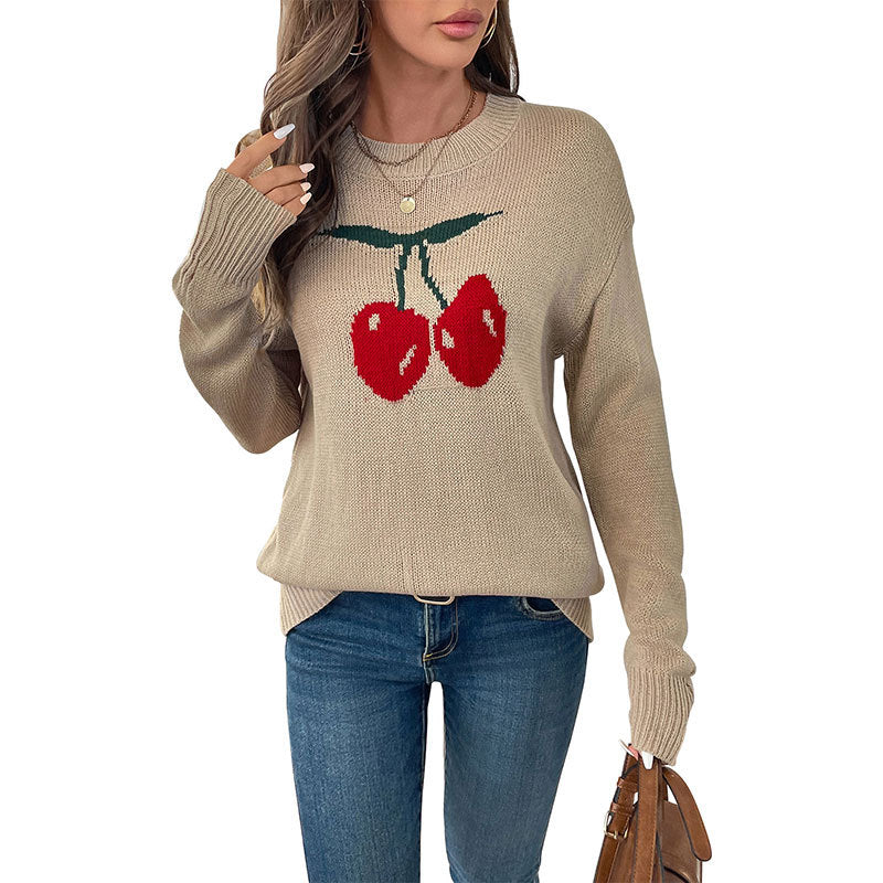 Damen Strickpullover mit Kirschen-Intarsie, Rundhalsausschnitt und legerem Oversize-Schnitt Echoarchiv