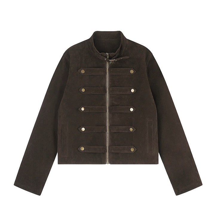 Damen Kurzjacke aus Veloursleder im militärischen Stil mit Stehkragen und Zierriegeln Echoarchiv
