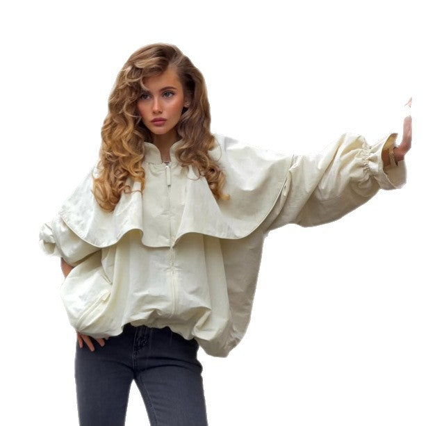 Damen Oversize-Jacke mit Cape-Kragen, Ballonärmeln und Kordelzug Echoarchiv