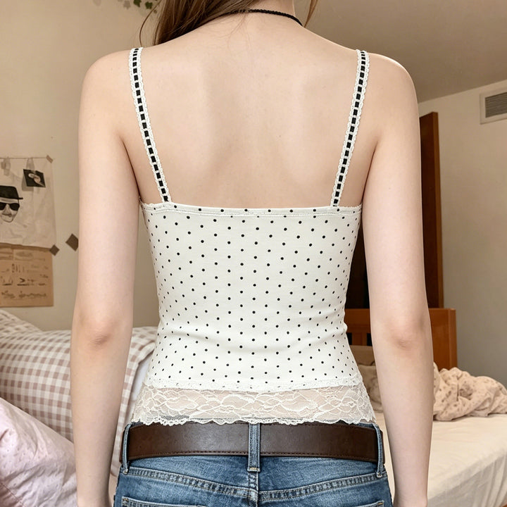 Damen Spaghetti-Trägertop mit floralen Spitzenakzenten und Polka-Punkten Echo Archiv