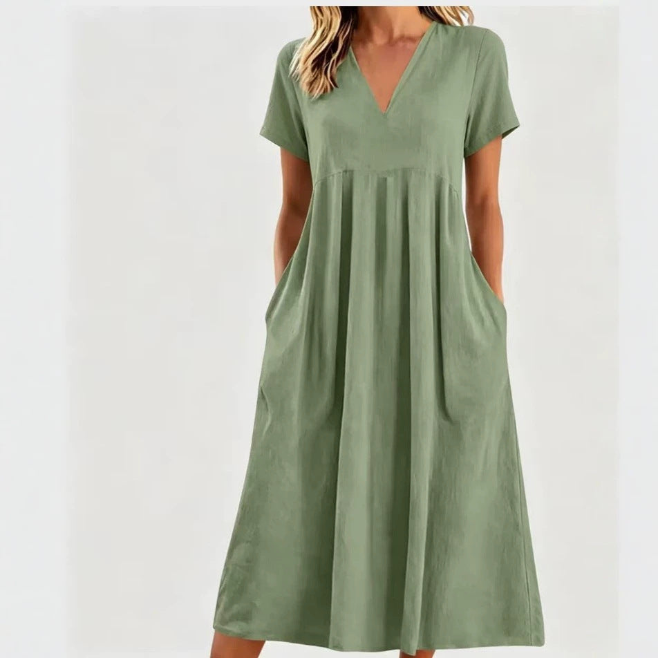 Damen nan legeres V-Ausschnitt-Midikleid mit Eingrifftaschen und geraffter Empirenaht Echo Archiv