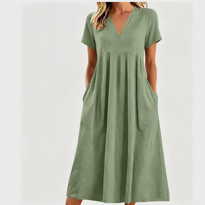 Damen nan legeres V-Ausschnitt-Midikleid mit Eingrifftaschen und geraffter Empirenaht Echo Archiv