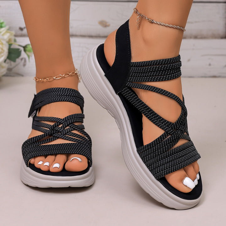 Damen Gepolsterte Plateau-Sandalen mit elastischen Flechtriemen und Klettverschluss Echo Archiv