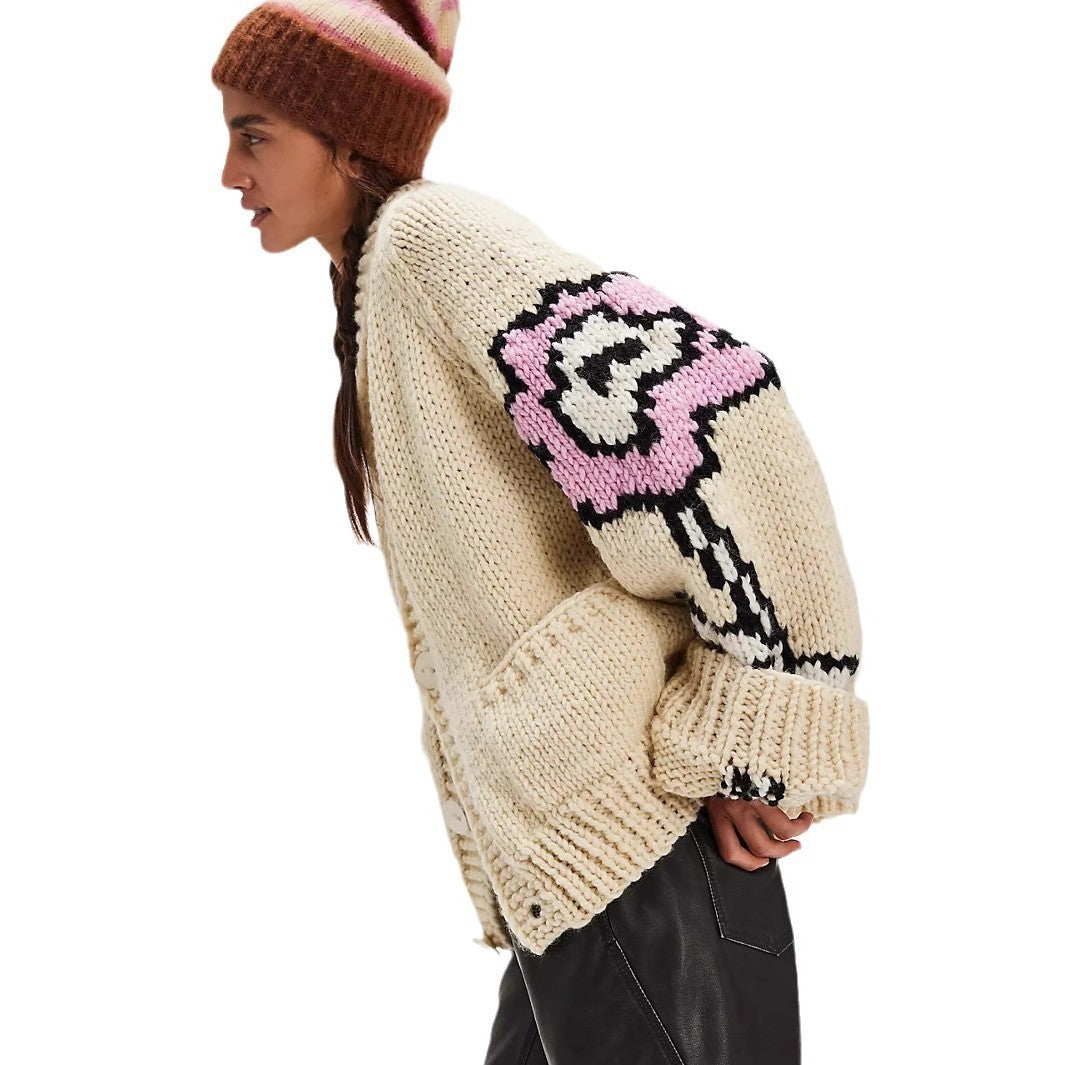 Damen Oversized Grobstrick-Cardigan mit Schalkragen, Blumenintarsien & Knopfleiste Echoarchiv