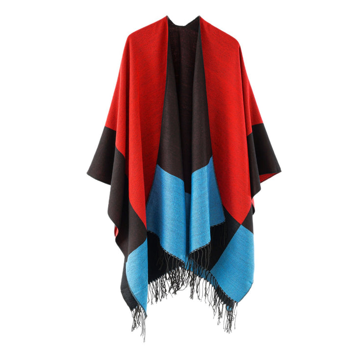 Damen eleganter Wollmix-Capeponcho mit grafischem Blockmuster und Fransen – Avérine