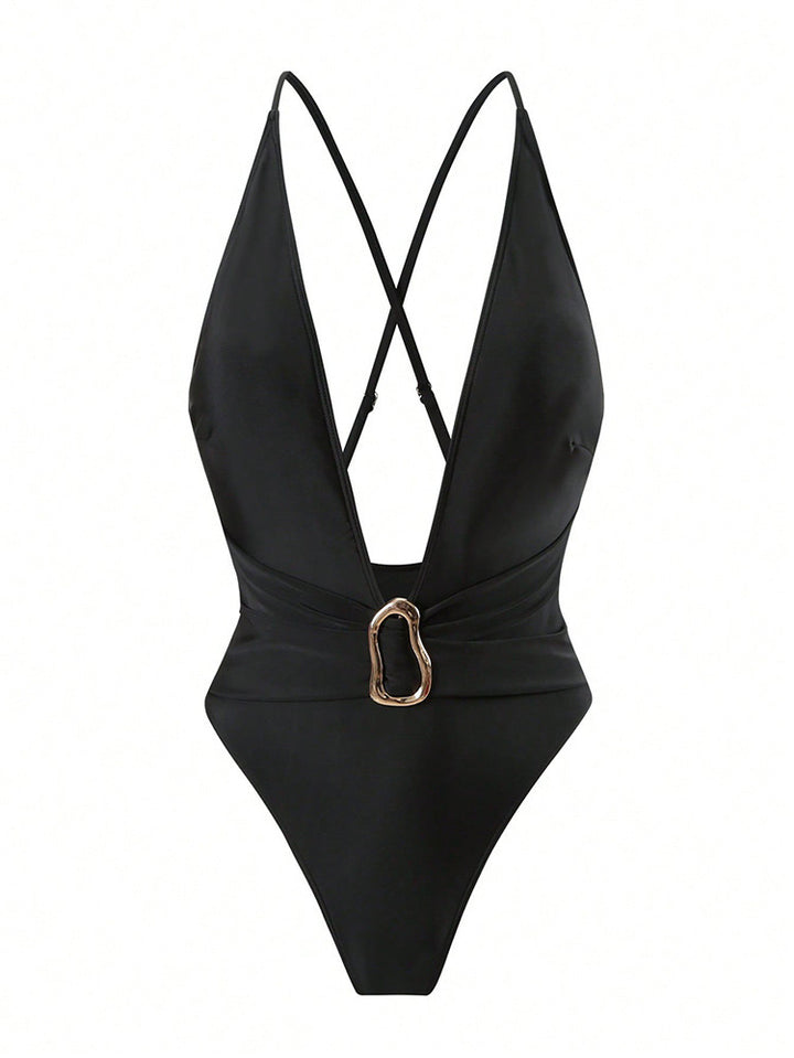 Damen Einteiliges Badeanzug mit tiefem V-Ausschnitt und elegantem Gold-Detail Echo Archiv