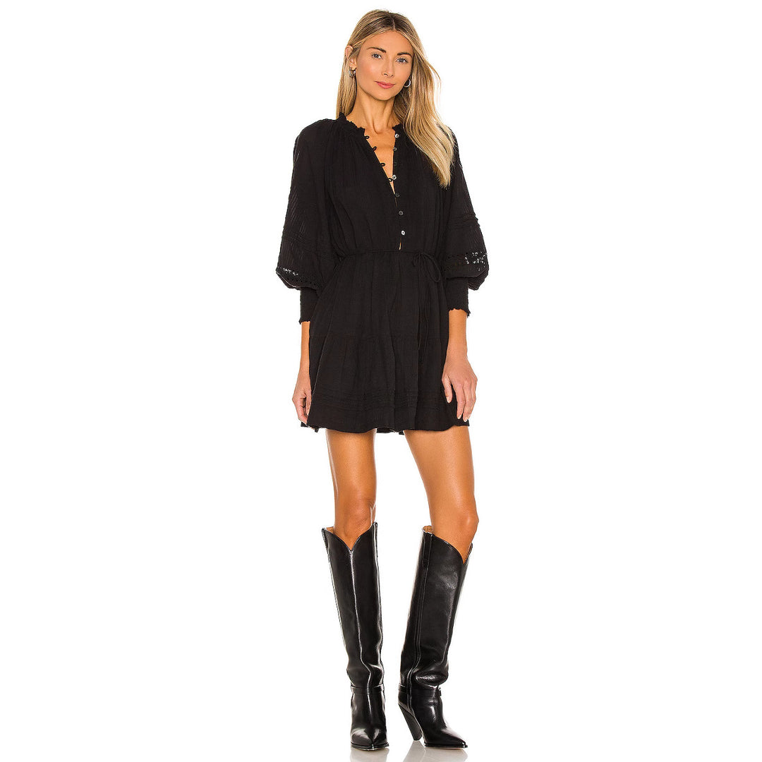 Damen luftiges Tunika-Kleid mit dekorativen Knopfdetails und Taillenzug Echo Archiv