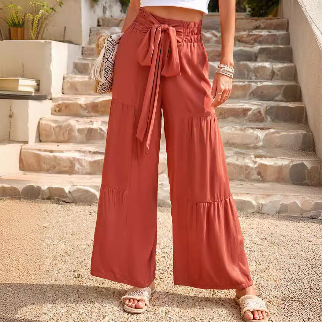 Damen weite Palazzo-Hose mit Paperbag-Bund, Stufendesign und Bindegürtel – Avérine