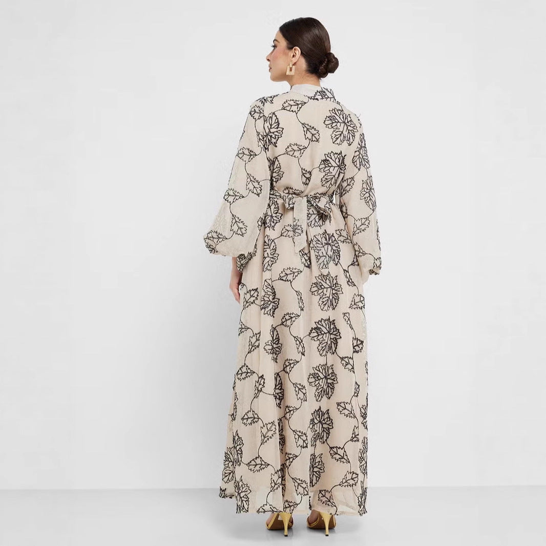 Damen Besticktes Maxikleid im Kaftan-Stil mit Reißverschluss, Taillengürtel und Ballonärmeln – Valéora