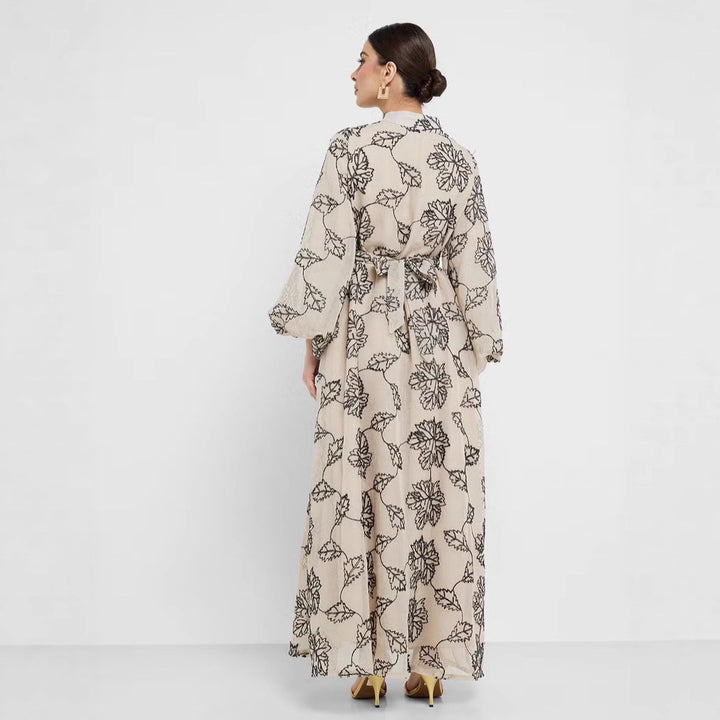 Damen Besticktes Maxikleid im Kaftan-Stil mit Reißverschluss, Taillengürtel und Ballonärmeln – Valéora