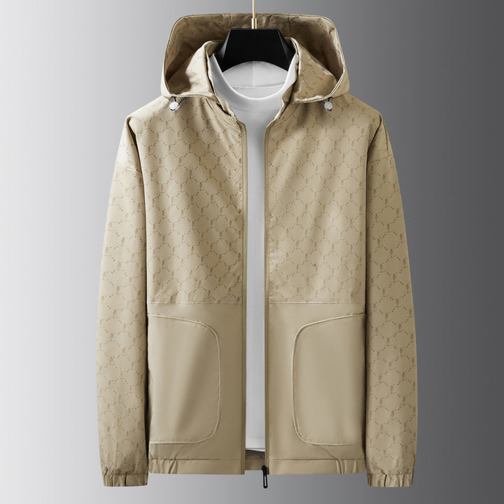 Herren Leichter wasserabweisender Kapuzen-Outdoorblouson mit Allover-Muster und großen Eingrifftaschen Echoarchiv