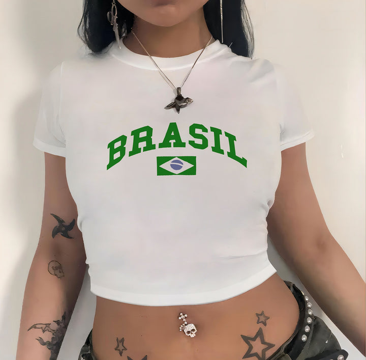 Damen cropped T-Shirt mit exklusivem Pferdemotiv und figurbetontem Schnitt Echo Archiv