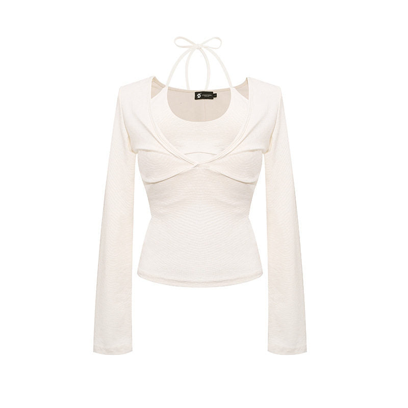 Damen Langarm-Top mit Neckholder, Wickeloptik und figurbetontem Schnitt Echoarchiv