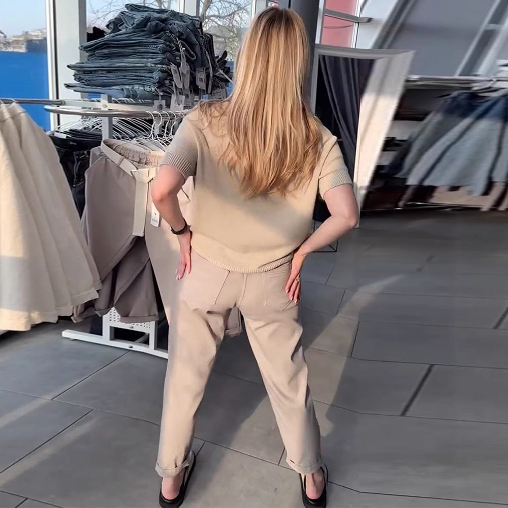 Damen nan lässige Baumwoll-Chino mit elastischem Komfortbund, Umschlag und Ziergürtel Echo Archiv