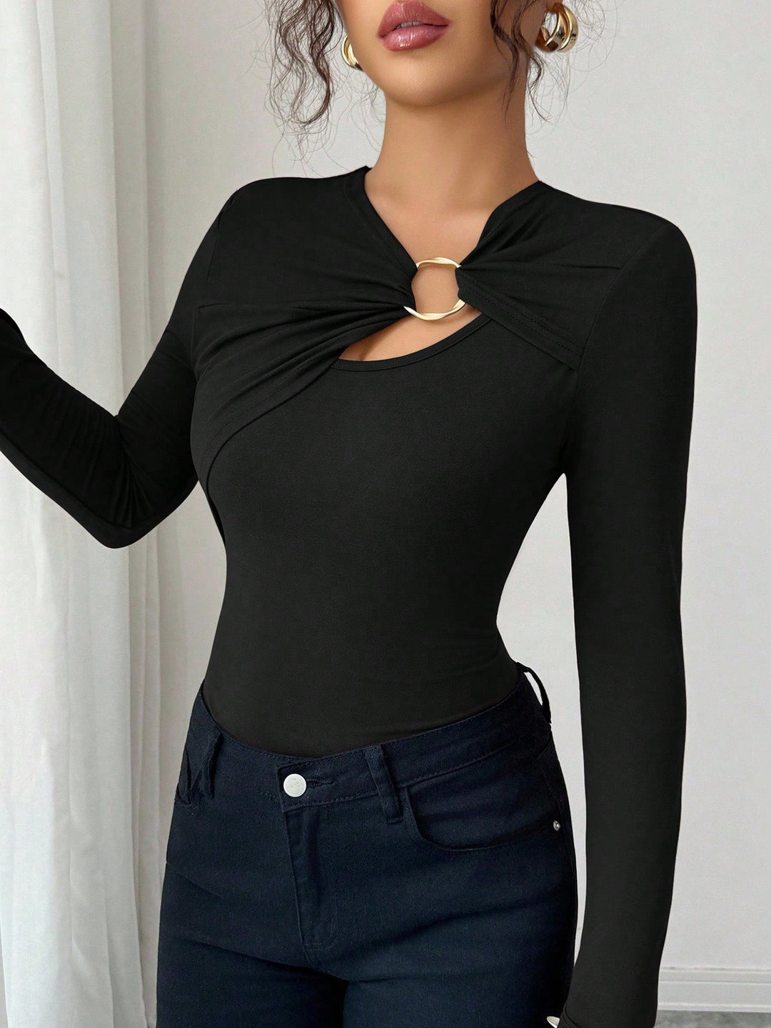 Damen nan figurbetonter Langarm-Body mit Leopardenprint und Zier-Ring Echo Archiv