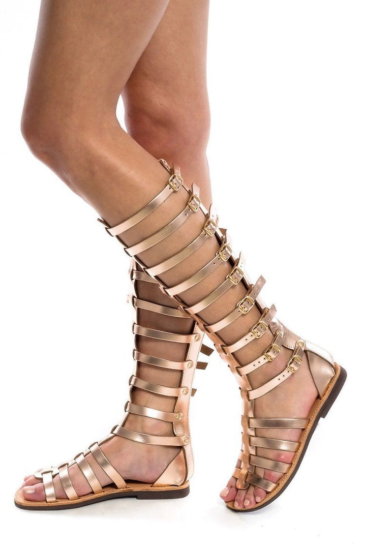Damen kniehohe Gladiatorensandalen mit verstellbaren Riemen und flacher Lederlaufsohle Echo Archiv