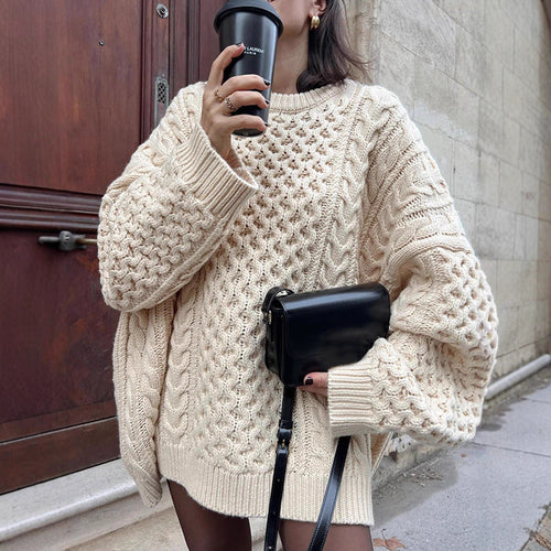 Damen Oversized Grobstrickpullover mit Zopfmuster und weiten Ballonärmeln Echoarchiv