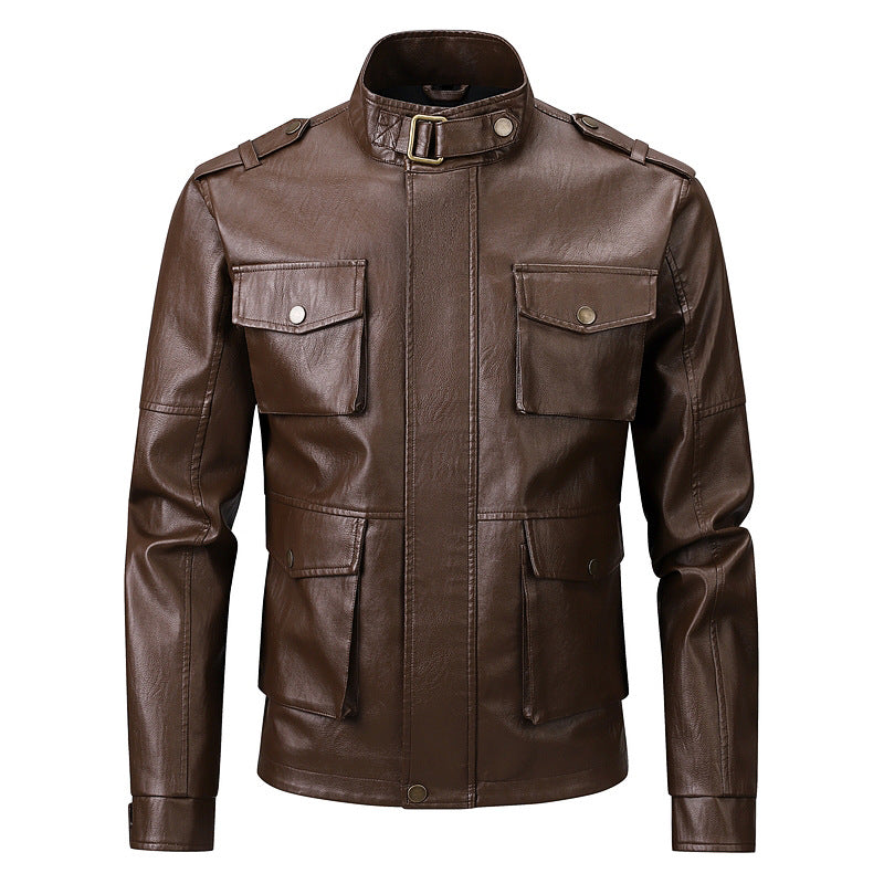 Herren Kunstlederjacke im stilvollen Militärlook mit funktionalen Pattentaschen Echoarchiv
