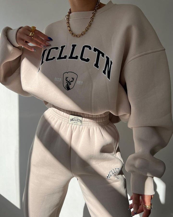 Damen Oversized College-Sweatshirt und High-Waist-Jogger-Set aus French-Terry Echoarchiv