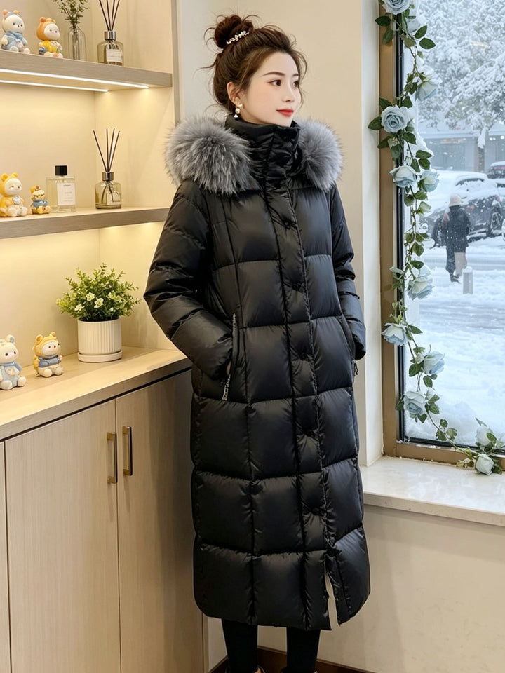 Damen Lange Daunenjacke mit Kunstfellkragen Echoarchiv