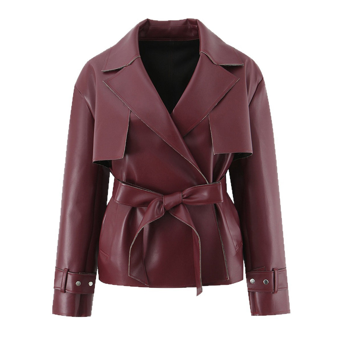 Damen Taillierte kurze Trenchjacke mit Bindegürtel und Cape-Detail aus veganer Lederoptik Echoarchiv