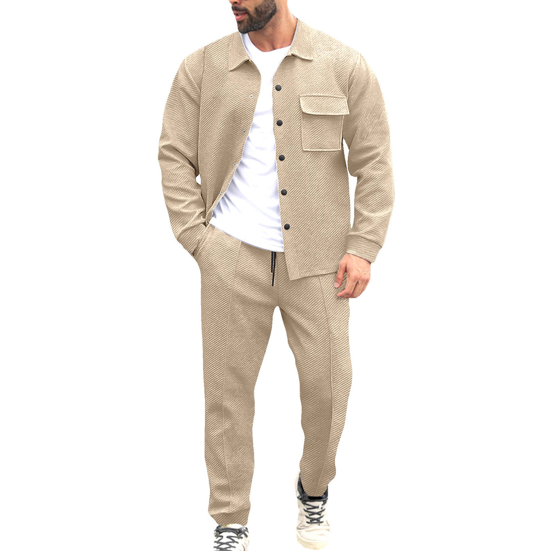Herren Hemdenjacke-Set mit aufgesetzter Klappentasche und konischer Komforthose – Marzano