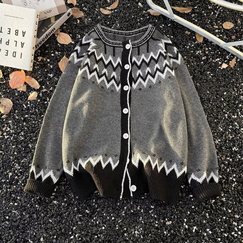 Damen Norweger-Cardigan im Oversize-Schnitt mit Rundhalsausschnitt und Kontrastknopfleiste Echoarchiv