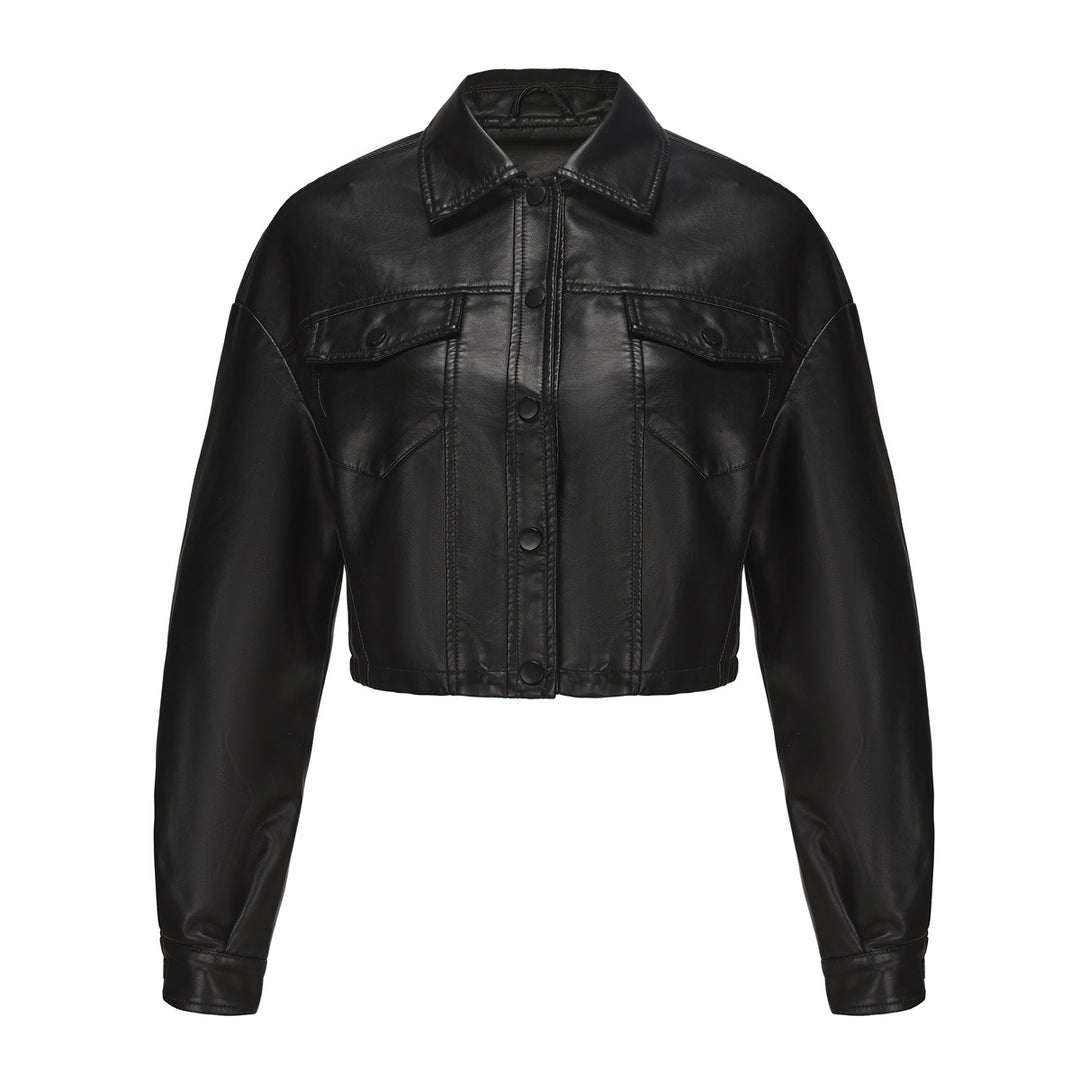 Damen nan kurze Oversized-Kunstlederjacke im Trucker-Stil mit Pattentaschen und verdeckter Druckknopfleiste Echo Archiv