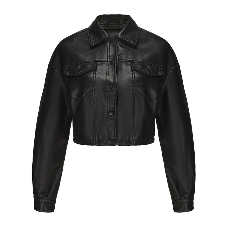 Damen nan kurze Oversized-Kunstlederjacke im Trucker-Stil mit Pattentaschen und verdeckter Druckknopfleiste Echo Archiv